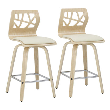 Folia - Counter Stool - Natural Wood, Cream Faux Leather, And Chrome Footrest (Set of 2)