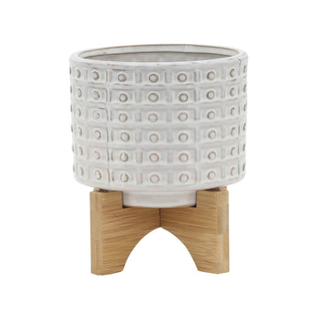 Ceramic Dotted Planter With Wood Stand 5" - Ivory