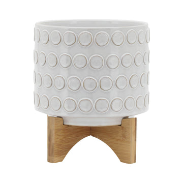 Ceramic Planter On Wooden Stand 8" - Ivory