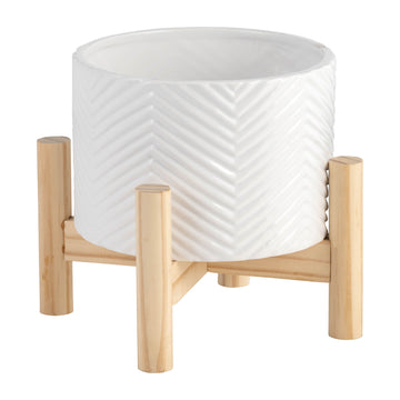 Ceramic Chevron Planter With Wood Stand 6" - White