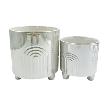 6" / 8" Iridescent Bravais Footed Planters (Set of 2) - Ivory