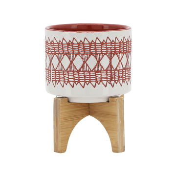 Ceramic Aztec Planter On Wooden Stand 5" - Orange / White
