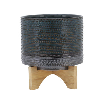 Dotted Planter With Wood Stand 8" - Green