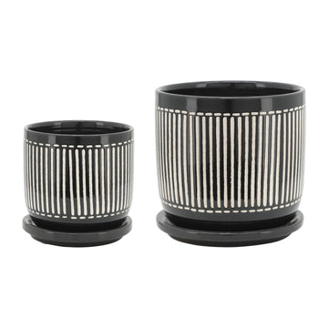 Vertical Lines Planter With Saucer 5 / 6" (Set of 2) - Black