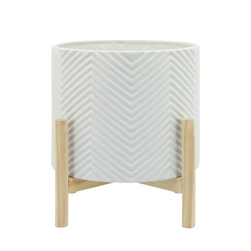 Ceramic Chevron Planter With Wood Stand 12" - White