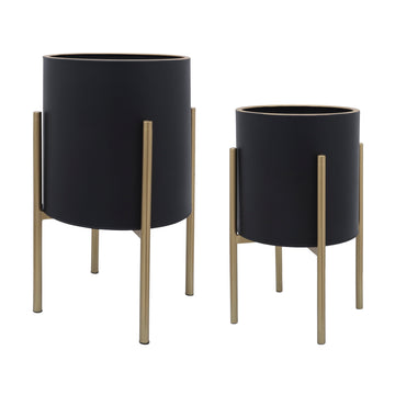 Planter On Metal Standgold (Set of 2) - Black / Gold