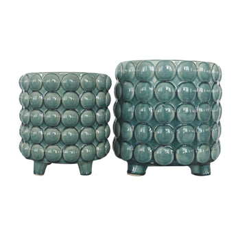 Footed Planter With Bubbles 8/10" (Set of 2) - Green