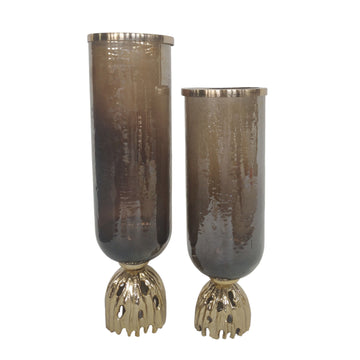 Oattan Glass Hurricanes 20/23" (Set of 2) - Brown / Gold