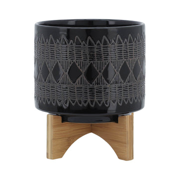 Ceramic Aztec Planter On Wooden Stand 8" - Black