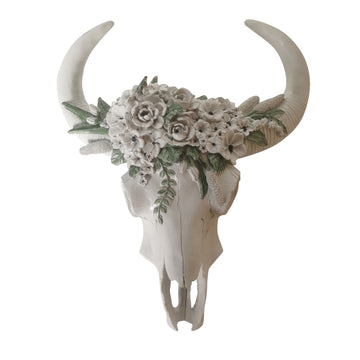 13" Bull Skull With White Flowers - White