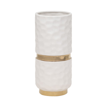 Belted Vase 5x10" - White / Gold