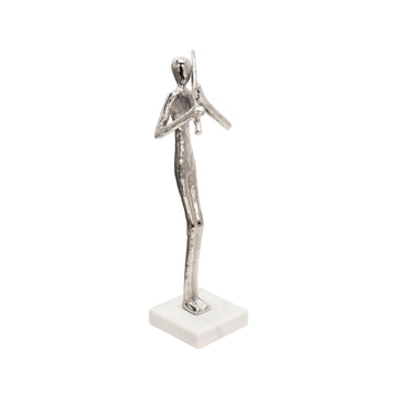 Flute Musician On Marble Base 15" - Silver