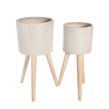 Ceramic Chevron Planter 3 Legs 8 / 10" (Set of 2) - Beige