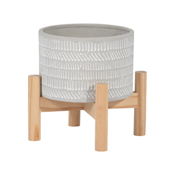 Ceramic Tribal Planter With Wood Stand 6" - Beige