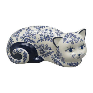 Ceramic 9" Sleeping Chinoiserie Cat - Blue/White