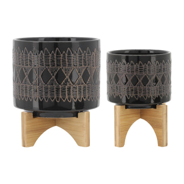 Ceramic Aztec Planter On Wooden Stand 5 / 8" (Set of 2) - Black