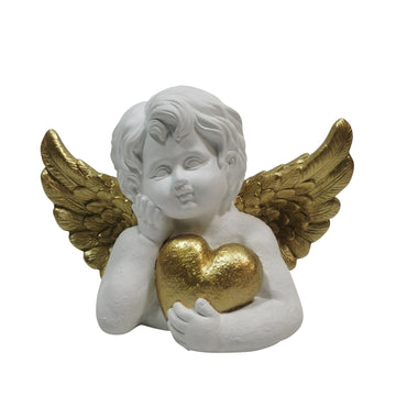 15" Garden Cherub With Heart - White / Gold