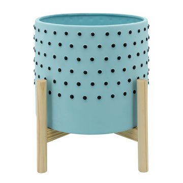 Dotted Planter With Wood Stand 10" - Light Blue