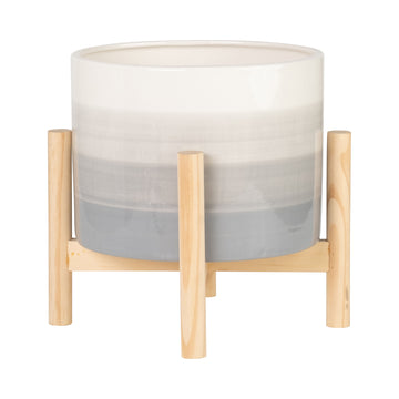 Ceramic Planter With Wood Stand Mix 8" - Beige Mix
