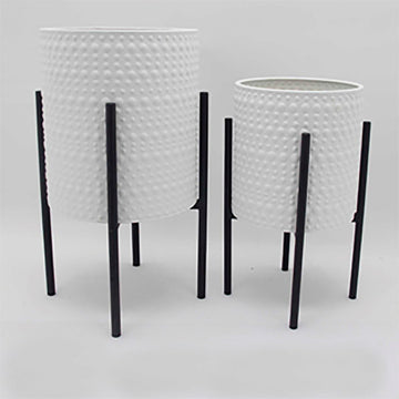 Dotted Planters In Metal Stand (Set of 2) - White