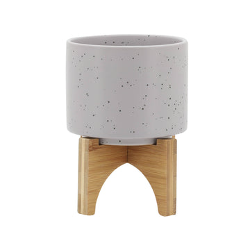 Planter With Wood Stand 5" - Matte Beige