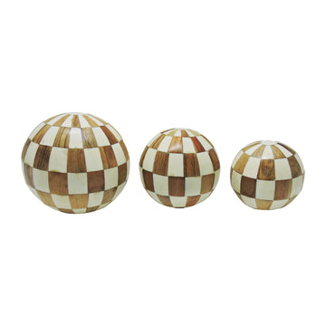 Resin (Set of 3) 4/5/6" Checkered Orbs - Ivory/Natural