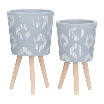 Diamond Planter With Wood Legs 10 / 12" (Set of 2) - Gray