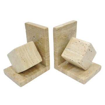 6" Travertine Cube On Base Bookends (Set of 2) - Tan