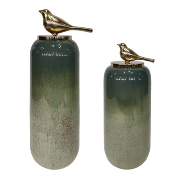 Finch Glass Bottles With Bird Metal Top 18/22" (Set of 2) - Green