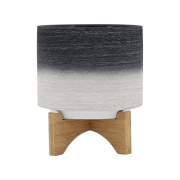 Ceramic Planter On Wooden Stand 8" - Gray