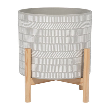 Ceramic Tribal Planter With Wood Stand 12" - Beige