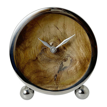 Metal Round Wood Face Table Clock 5" - Silver