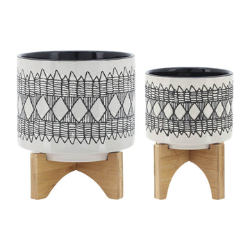 Ceramic Aztec Planter On Wooden Stand 5 / 8" (Set of 2) - Gray