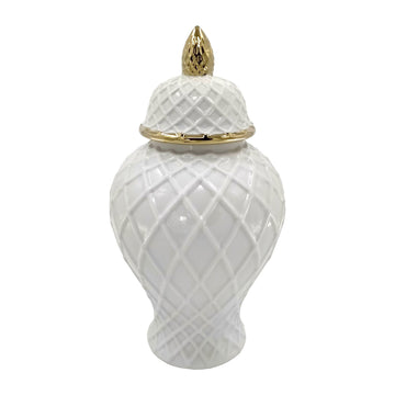 Ceramic Rope Temple Jar 14" - White / Gold