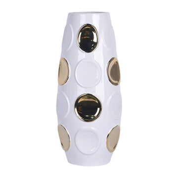Stoneware 17" Circle Embossed Vase - White / Gold