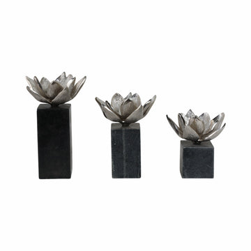 6/7/10" Darby Silver Flower Statuary With Marble (Set of 3) - Bronze