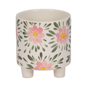 6" Footed Hand Painted Pink Flower Planter - Multi