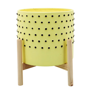 Dotted Planter With Wood Stand 10" - Yellow