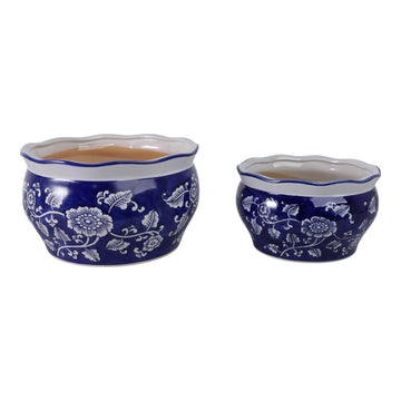 10" / 12" Round Chinoiserie Planters (Set of 2) - Blue / White