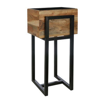 Wood Square Planter On Metal Base 14" - Brown / Black