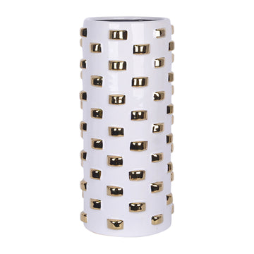 Stoneware 15" Cylinder Vase - White / Gold