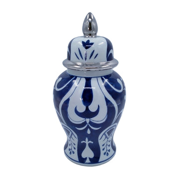 Ceramic14" Temple Jar - Silver / White / Blue