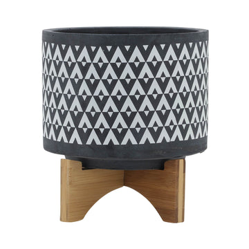 Ceramic Aztec Planter On Wooden Stand 8" - Gray