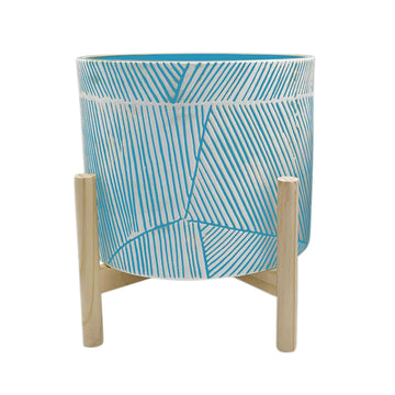 Planter With Wood Stand 10" - Light Blue