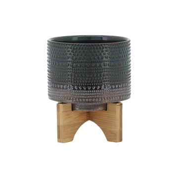 Dotted Planter With Wood Stand 5" - Green
