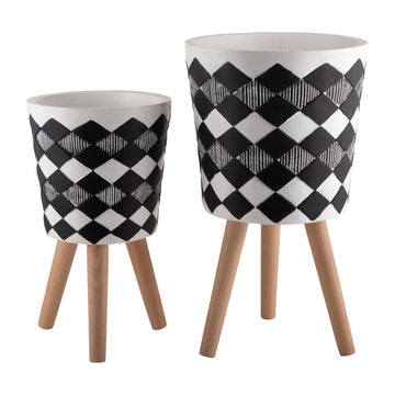 Polyresin Diamond Planter With Wood Legs 10 / 12" (Set of 2) - Black