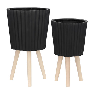 Ridged Planter With Wood Legs 10 / 12" (Set of 2) - Black