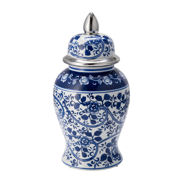 Ceramic Temple Jar 14" - Silver / Blue / White